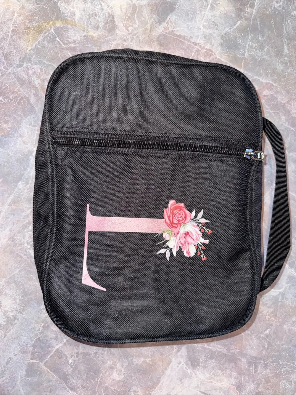 Black Floral Accent Bible Bag with Pink L Initial